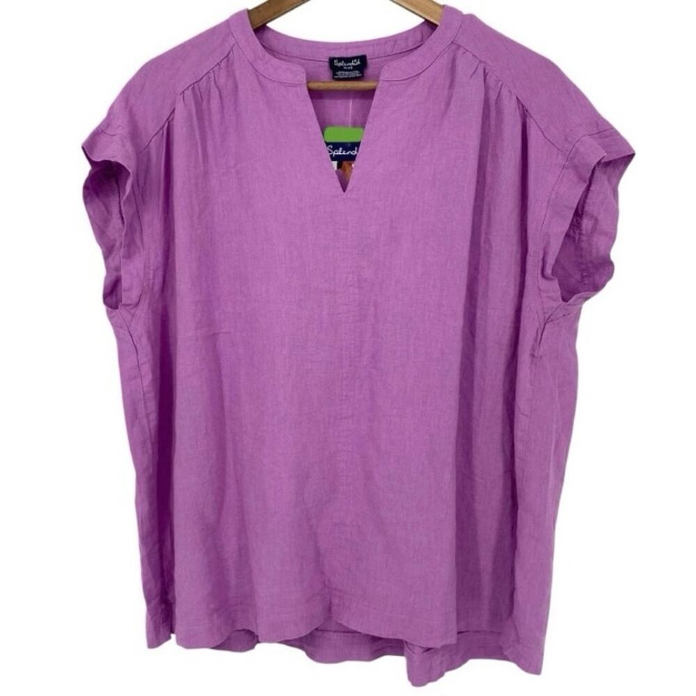 NEW SPLENDID Boxy Lightweight Blouse Linen Blend Notched V Neck Purple Size M